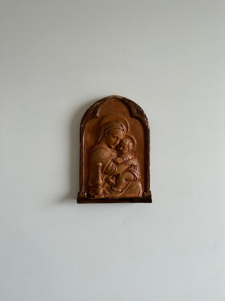 Icône bas relief de la vierge et l'enfant