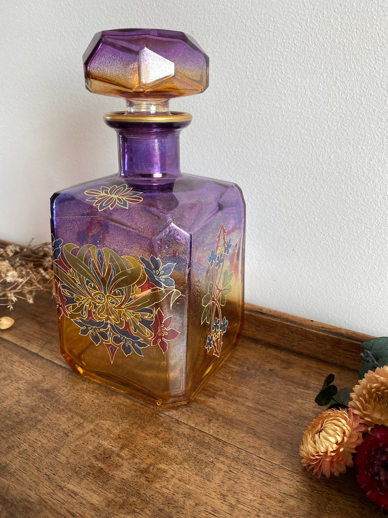 Bouteille dorée et mauve en verre décoration florale