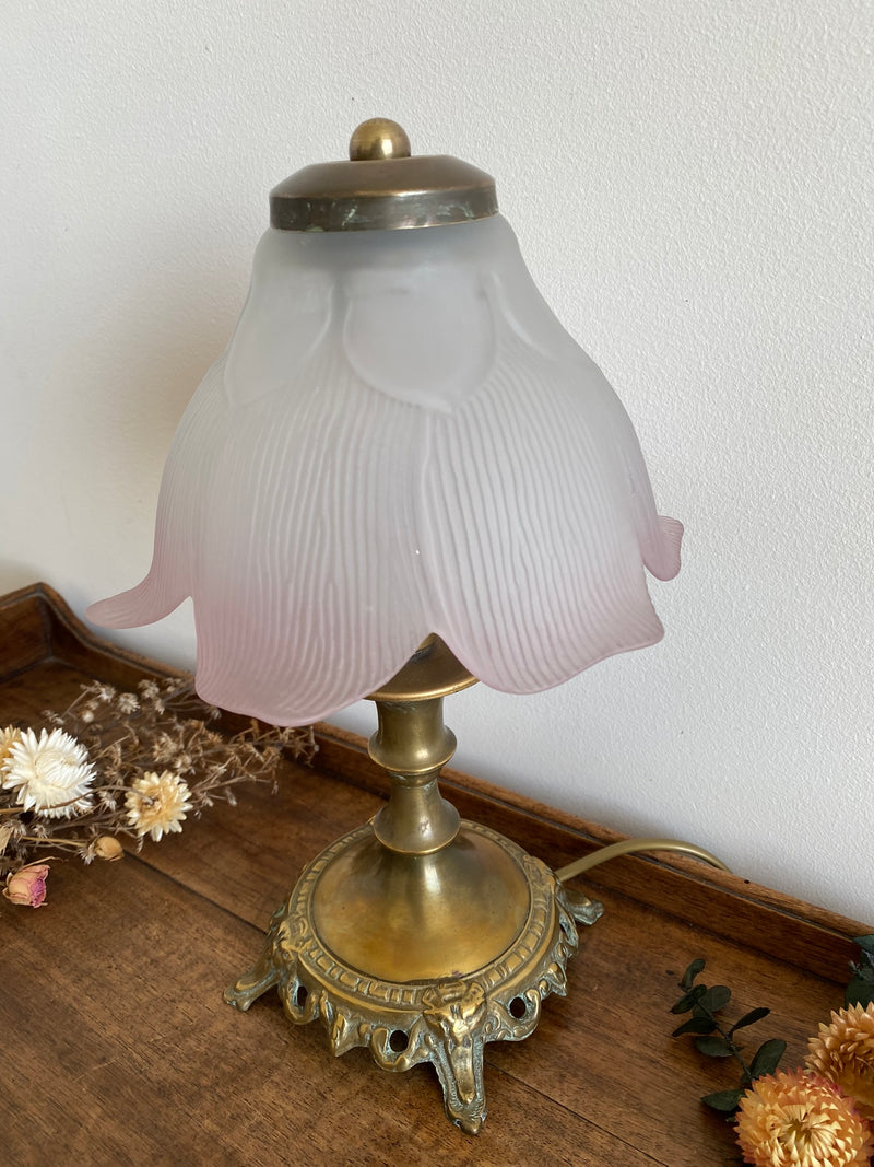 Lampe de chevet socle en laiton et abat jour fleur
