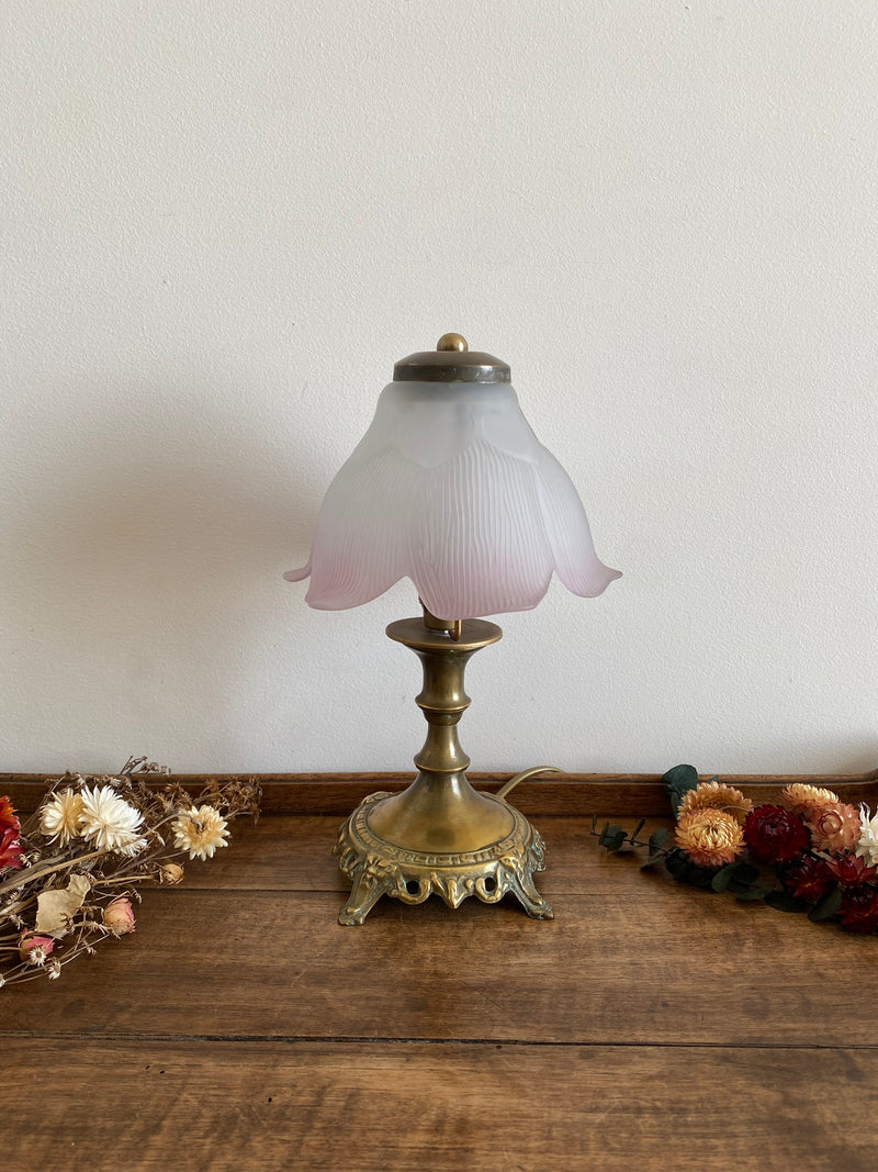 Lampe de chevet socle en laiton et abat jour fleur