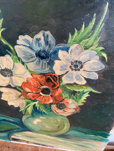 Peinture sur planche représentant un bouquet de fleurs dans son vase