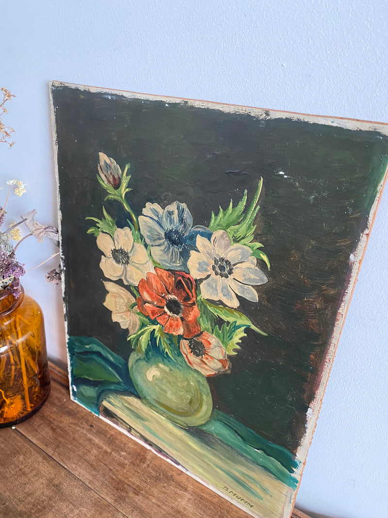 Peinture sur planche représentant un bouquet de fleurs dans son vase