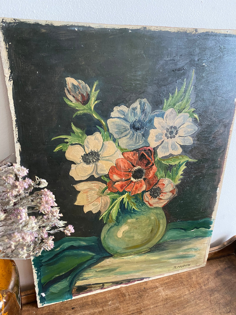 Peinture sur planche représentant un bouquet de fleurs dans son vase