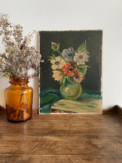 Peinture sur planche représentant un bouquet de fleurs dans son vase