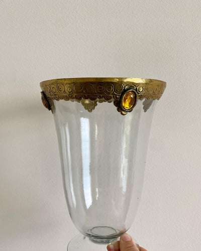 Vase en verre sur pied ancien bordure dorée