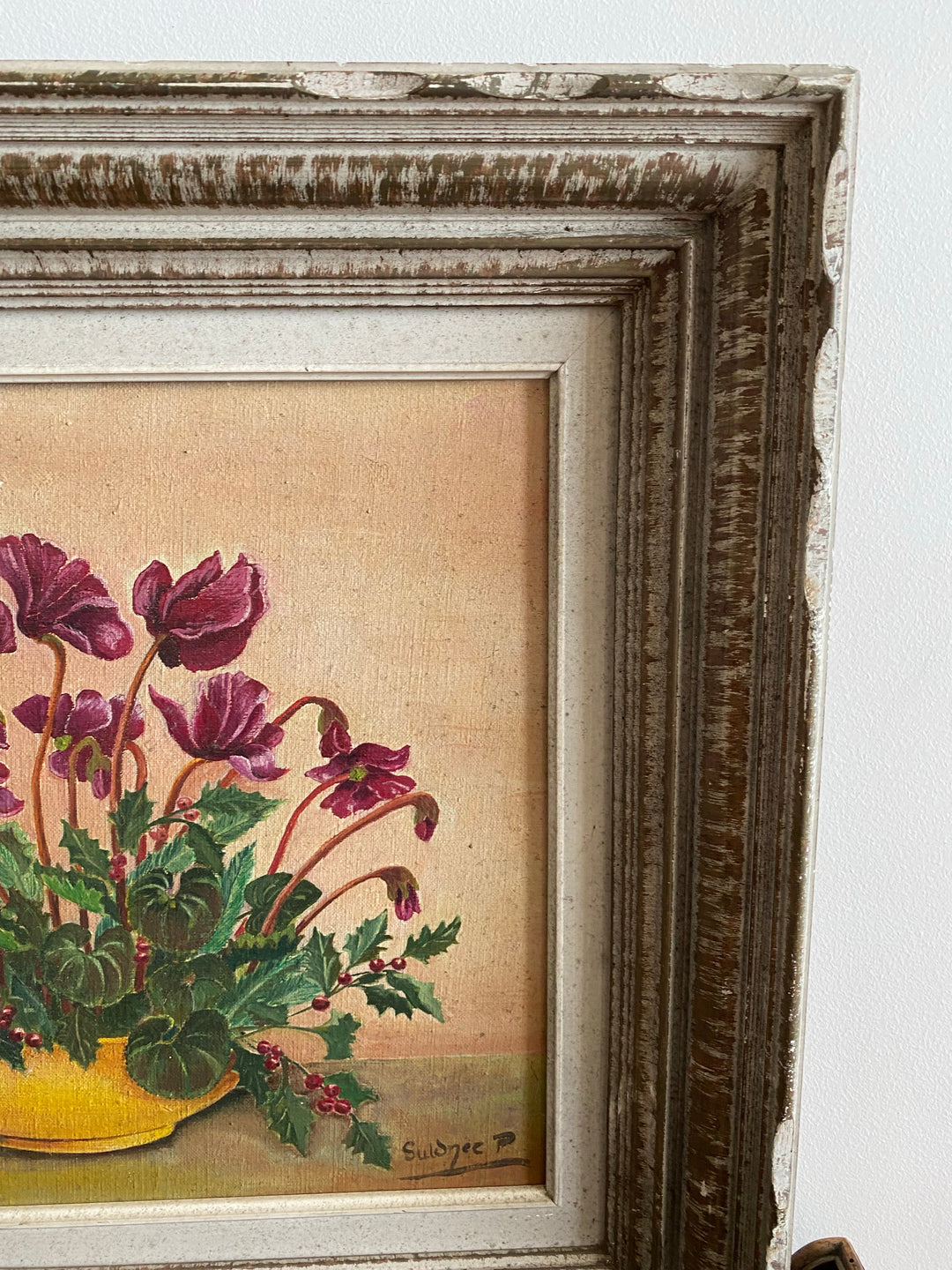 Peinture ancienne signée bouquet de cyclamens