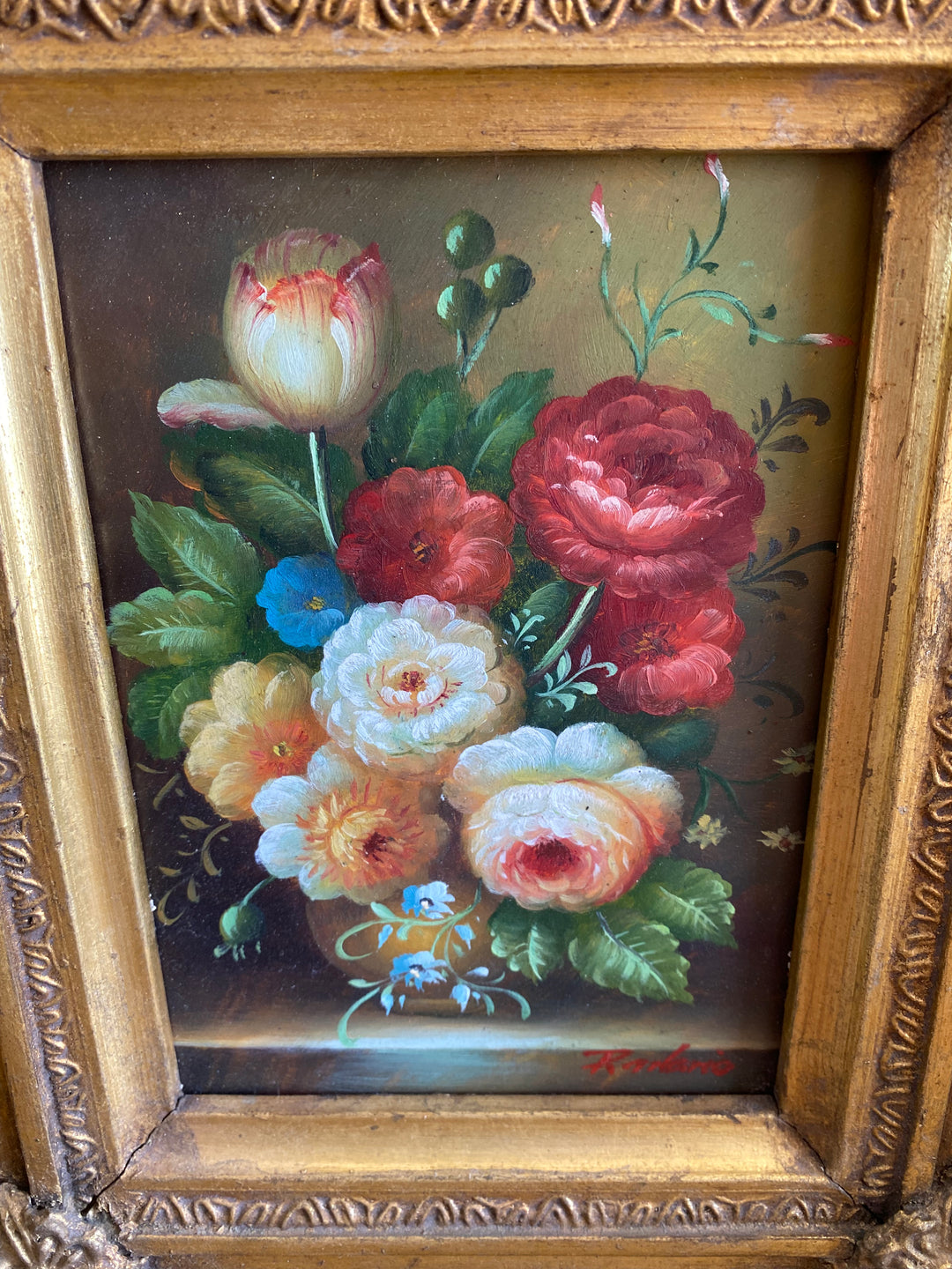 Peinture bouquet grand cadre baroque doré