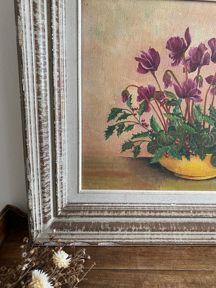 Peinture ancienne signée bouquet de cyclamens