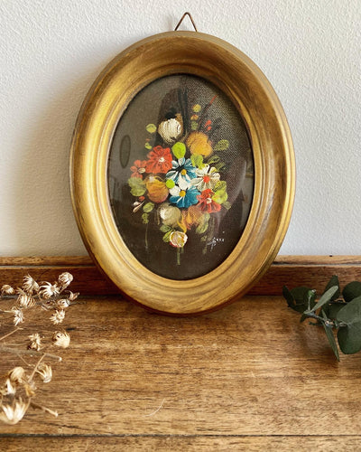 Cadre ovale en bois peinture sur toile bouquet de fleurs