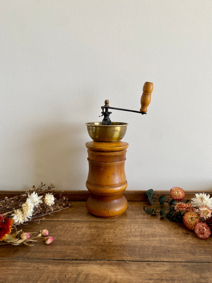 Moulin à café rond laiton et bois