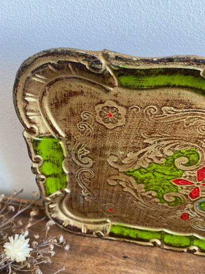 Plateau florentin en bois vert rouge et or
