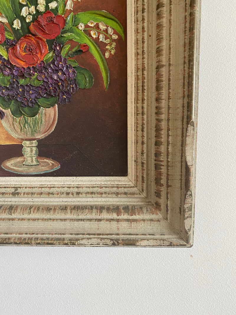 Peinture signée bouquet de roses rouges violettes et muguet relief