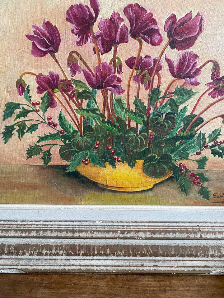 Peinture ancienne signée bouquet de cyclamens