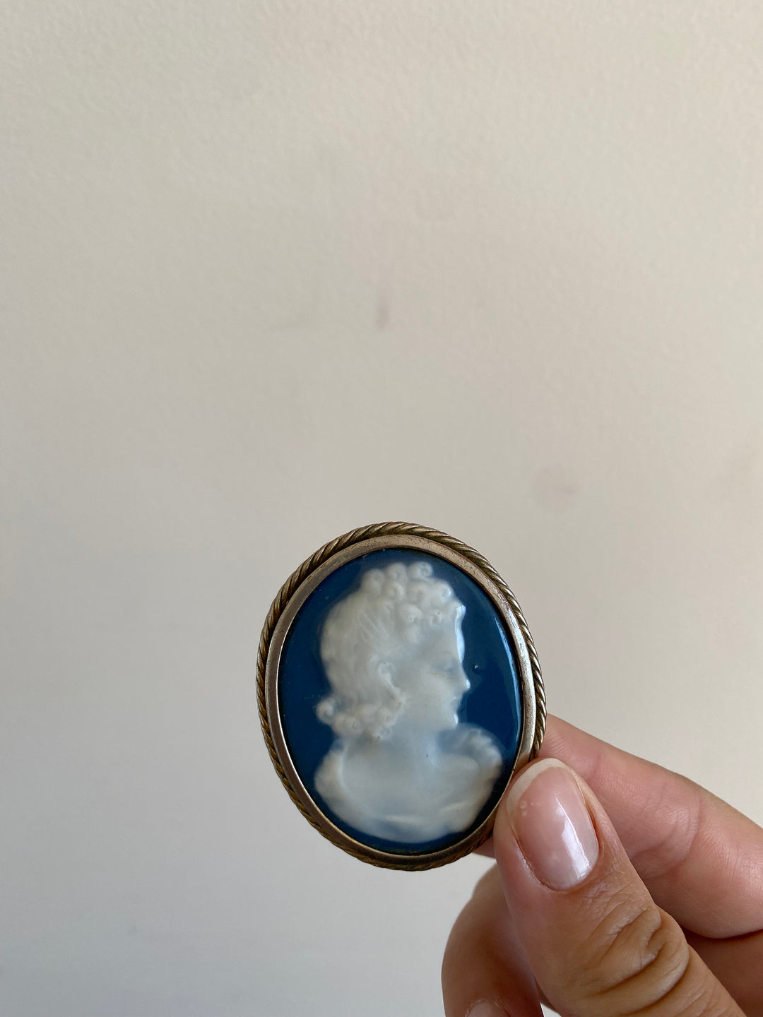 Broche camée bleue et argentée