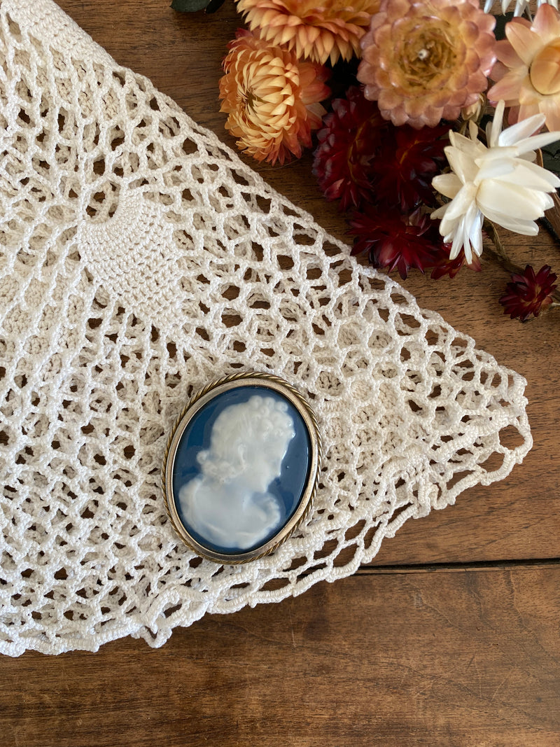 Broche camée bleue et argentée