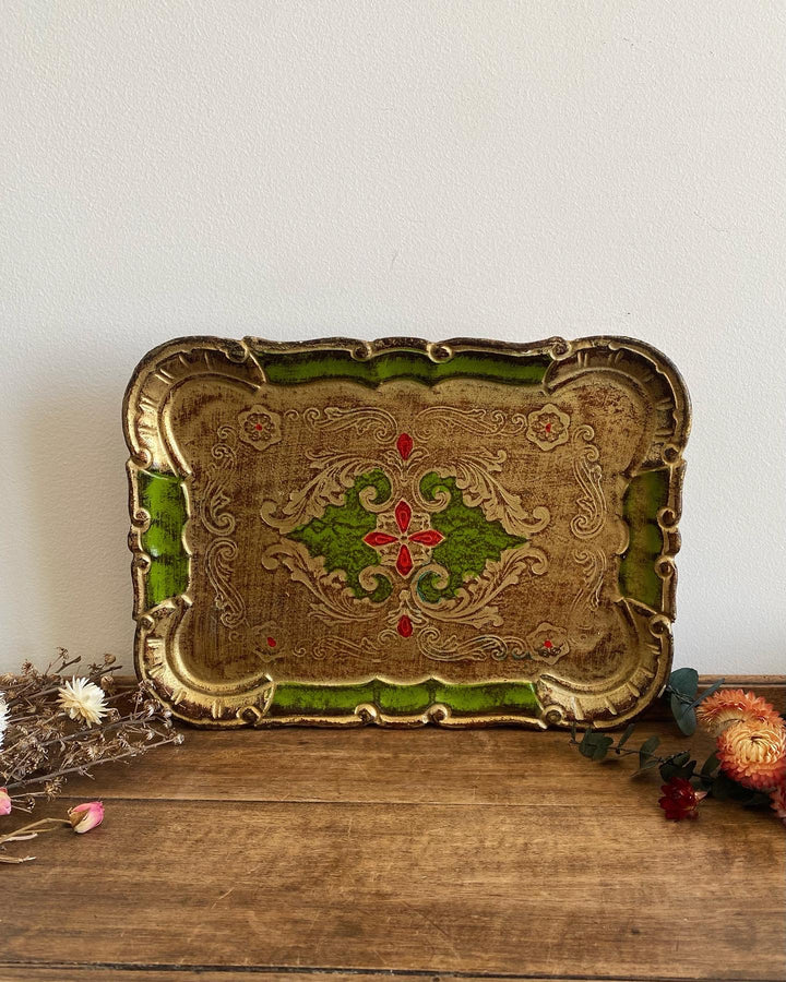 Plateau florentin en bois vert rouge et or