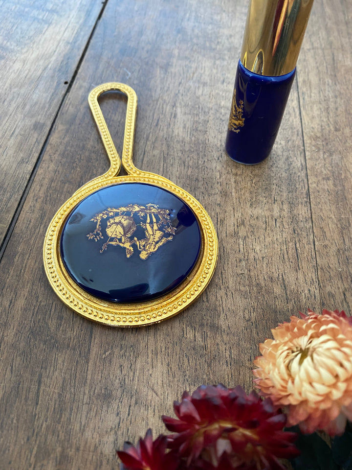 Parure bleu du four Limoges comprenant petit miroir à mains et vaporisateur