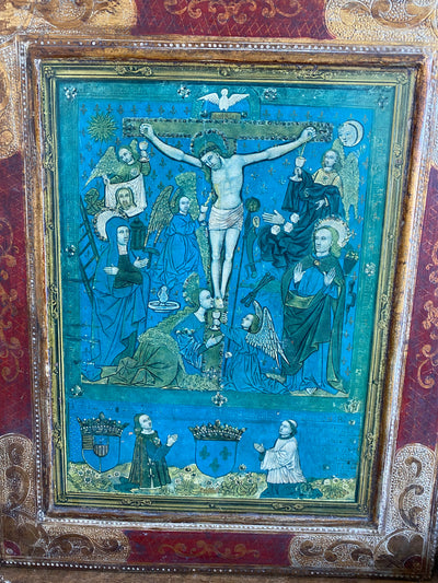 Icone religieuse encadrée rouge et or style florentin