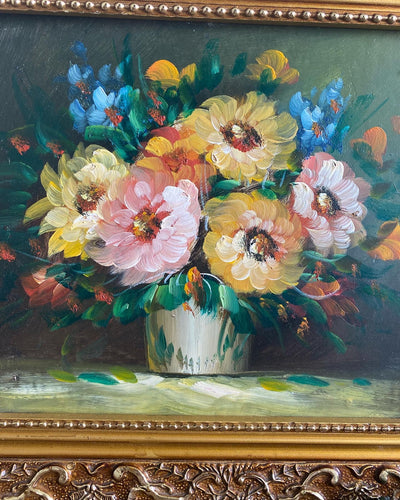 Peinture bouquet de fleurs dans cadre doré moulures baroques