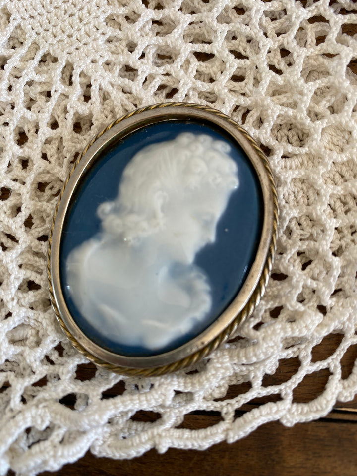 Broche camée bleue et argentée