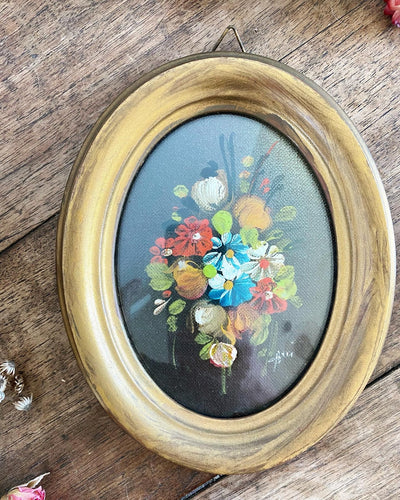 Cadre ovale en bois peinture sur toile bouquet de fleurs