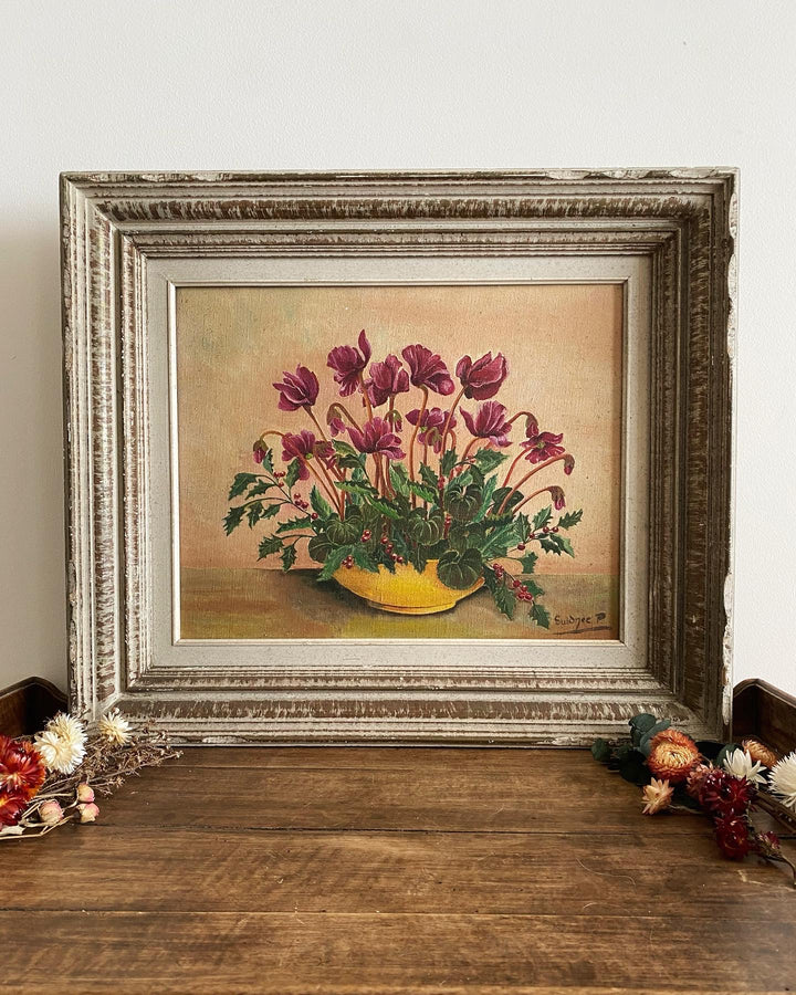 Peinture ancienne signée bouquet de cyclamens