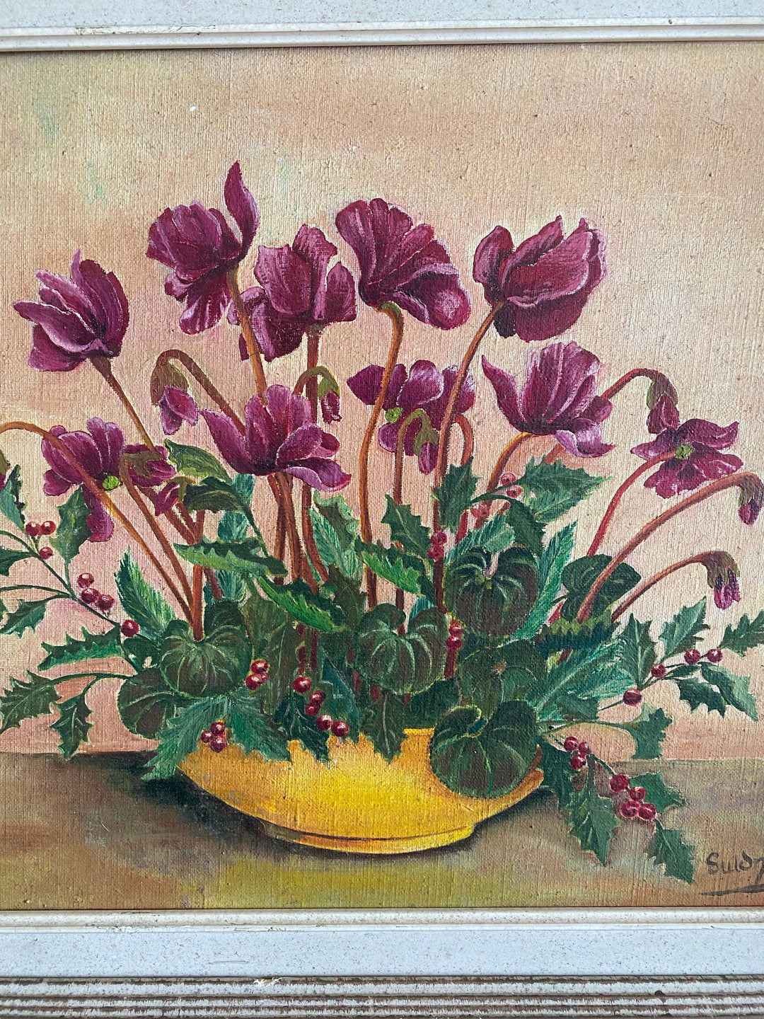 Peinture ancienne signée bouquet de cyclamens