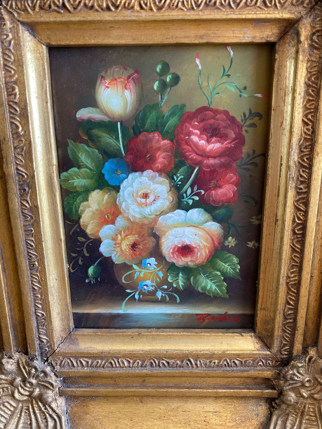 Peinture bouquet grand cadre baroque doré