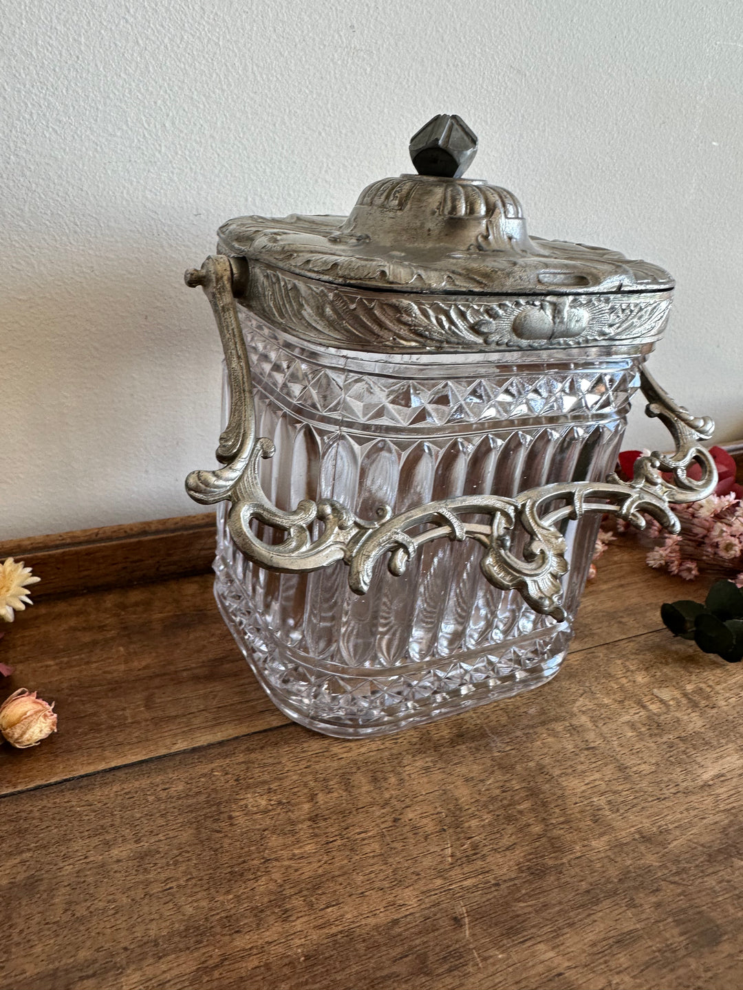 Seau à biscuits en verre et métal argenté art nouveau