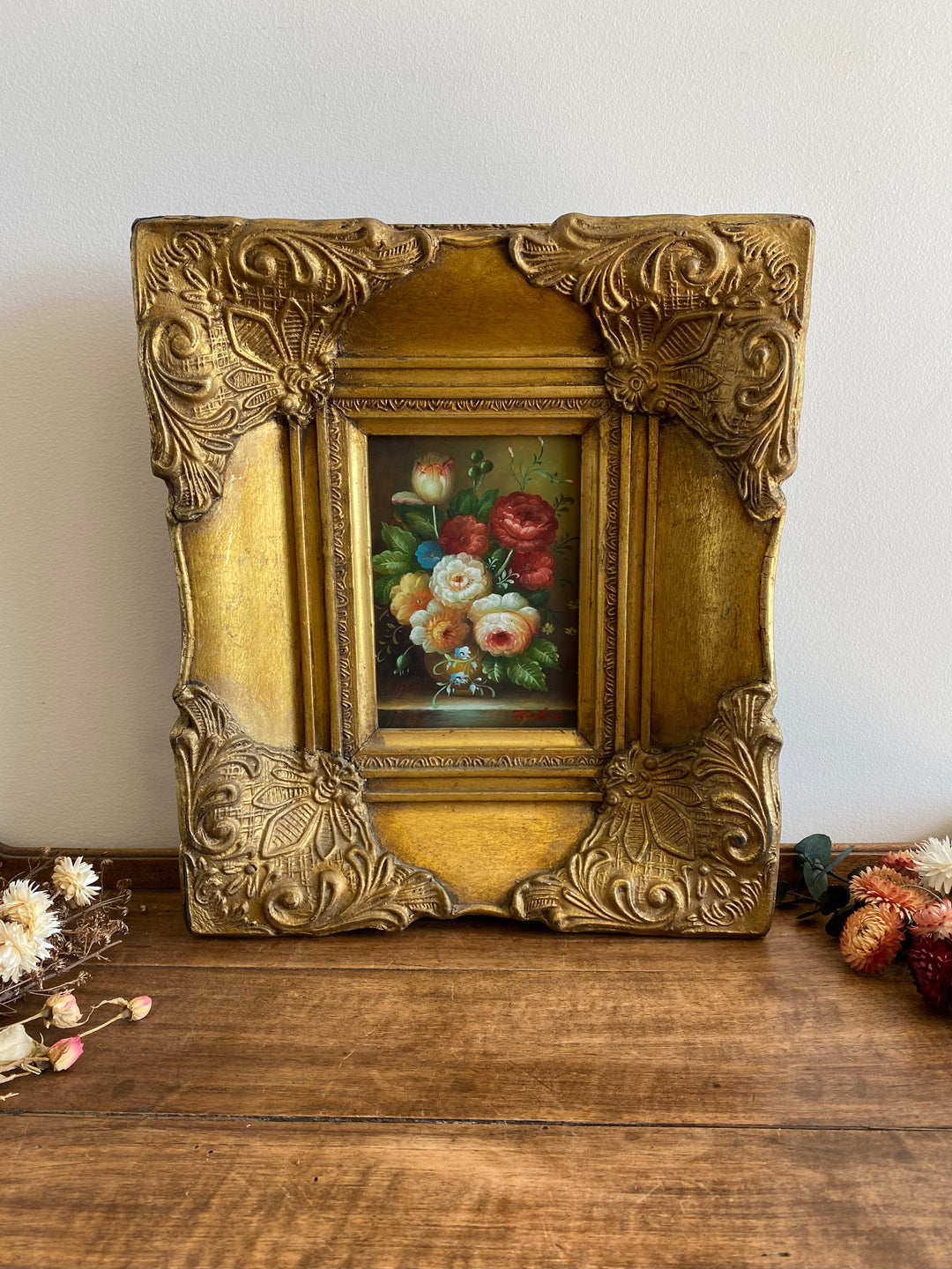 Peinture bouquet grand cadre baroque doré