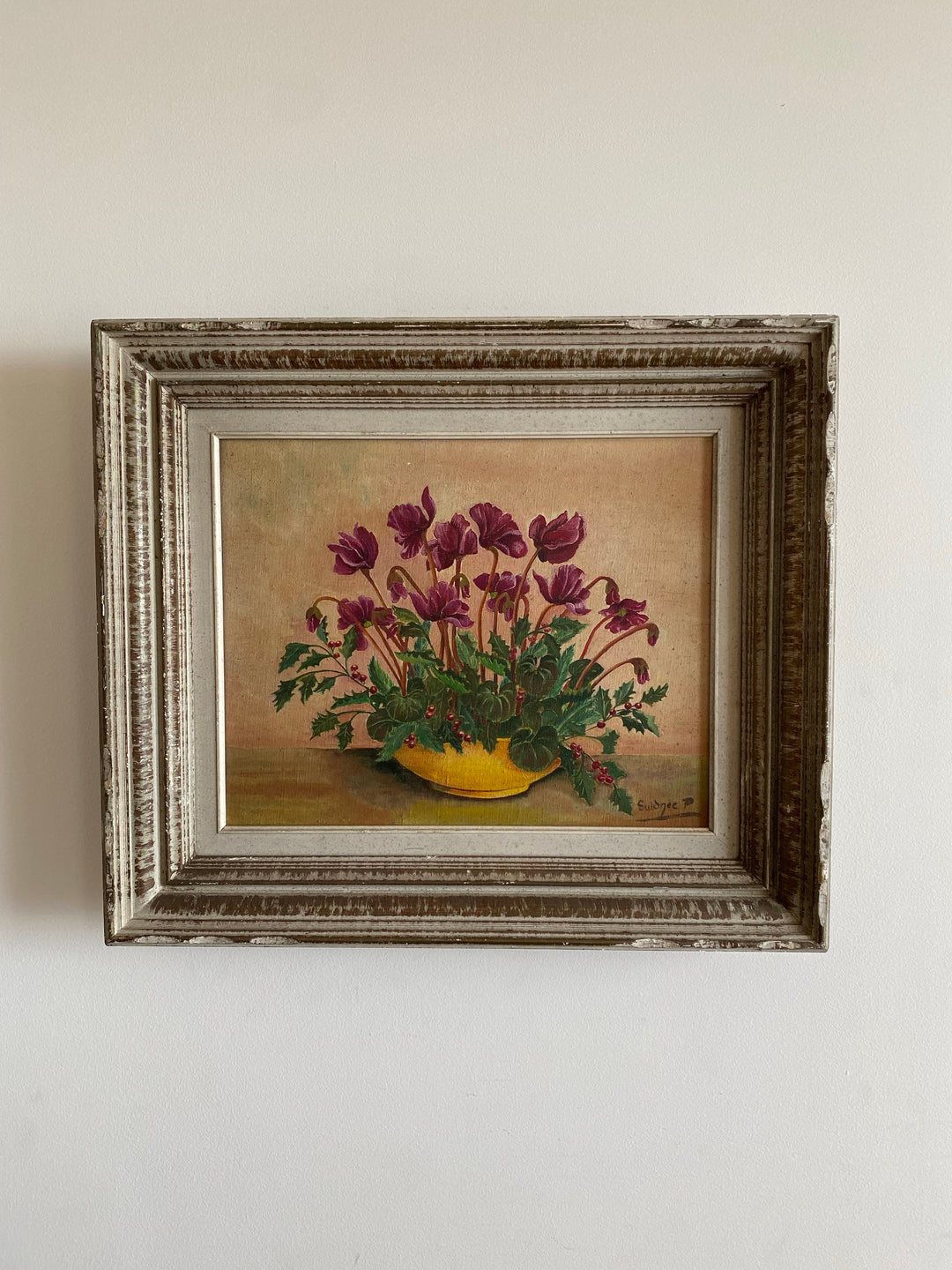 Peinture ancienne signée bouquet de cyclamens