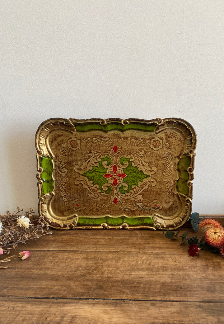 Plateau florentin en bois vert rouge et or